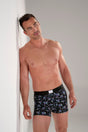 Front view of a men model wearing HO black print modal/viscose/tencel Boxer Briefs
