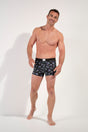 Full-body view of a men model wearing HO black print modal/viscose/tencel Boxer Briefs