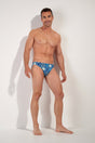 Full-body view of a men model wearing HO blue print  Swim Micro Briefs