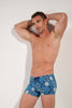 Front view of a men model wearing HO blue print  Swim Shorts