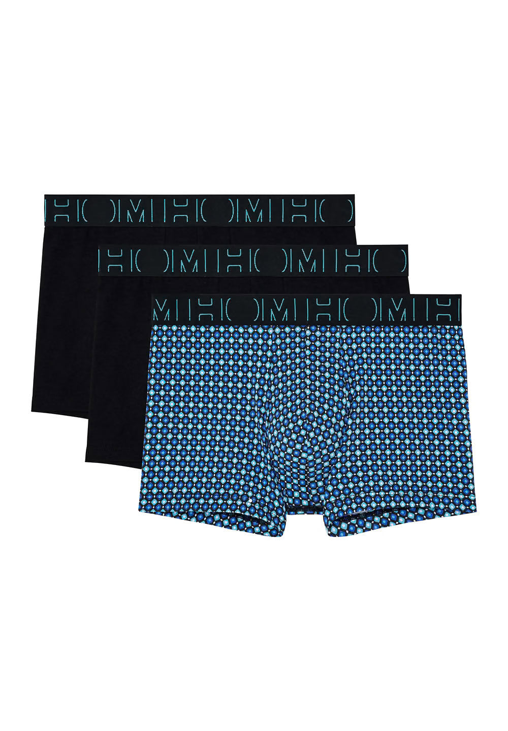 Front cutout view of HO blue print/black/black cotton Boxer Briefs 3p