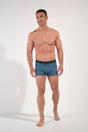 Full-body view of a men model wearing HO blue print/black/black cotton Boxer Briefs 3p