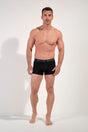 General view of a men model wearing HO blue print/black/black cotton Boxer Briefs 3p