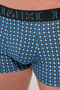 Close-up view of a men model wearing HO blue print/black/black cotton Boxer Briefs 3p