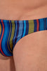 Close-up view of a men model wearing HO multicolor stripes  Swim Micro Briefs