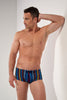 Front view of a men model wearing HO multicolor stripes  Swim Trunk
