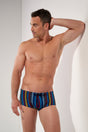 Front view of a men model wearing HO multicolor stripes  Swim Trunk