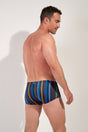 Back view of a men model wearing HO multicolor stripes  Swim Trunk