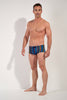 Full-body view of a men model wearing HO multicolor stripes  Swim Trunk