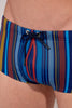 Close-up view of a men model wearing HO multicolor stripes  Swim Trunk
