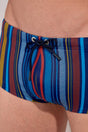 Close-up view of a men model wearing HO multicolor stripes  Swim Trunk