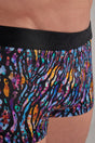 Close-up view of a men model wearing HO multico print  Trunk