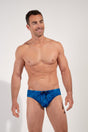 Front view of a men model wearing HO blue print  Swim Mini Briefs