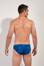 Back view of a men model wearing HO blue print  Swim Mini Briefs