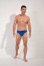 Full-body view of a men model wearing HO blue print  Swim Mini Briefs