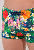 Close-up view of a men model wearing HO multico print  Swim Shorts