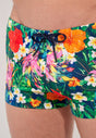 Close-up view of a men model wearing HO multico print  Swim Shorts