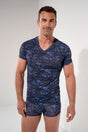 General view of a men model wearing HO blue print  Tee-Shirt V Neck