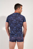 Back view of a men model wearing HO blue print  Tee-Shirt V Neck
