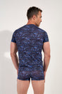 Back view of a men model wearing HO blue print  Tee-Shirt V Neck