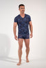 Full-body view of a men model wearing HO blue print  Tee-Shirt V Neck