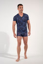 Full-body view of a men model wearing HO blue print  Tee-Shirt V Neck