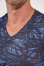 Close-up view of a men model wearing HO blue print  Tee-Shirt V Neck