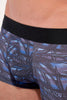Close-up view of a men model wearing HO blue print  Trunk