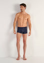 Full-body view of a men model wearing HO navy/navy stripes/grey cotton Boxer Briefs 3p