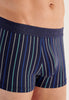 Close-up view of a men model wearing HO navy/navy stripes/grey cotton Boxer Briefs 3p