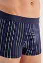 Close-up view of a men model wearing HO navy/navy stripes/grey cotton Boxer Briefs 3p