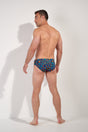 General view of a men model wearing HO navy print  Swim Mini Briefs