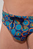 Close-up view of a men model wearing HO navy print  Swim Mini Briefs