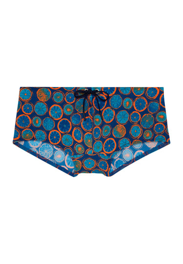 Front cutout view of HO navy print  Swim Trunk