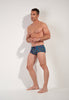 Full-body view of a men model wearing HO navy print  Swim Trunk