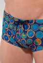 Close-up view of a men model wearing HO navy print  Swim Trunk