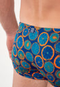 General view of a men model wearing HO navy print  Swim Trunk