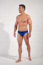 Full-body view of a men model wearing HO navy print  Swim Mini Briefs
