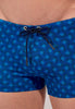 Close-up view of a men model wearing HO navy print  Swim Shorts