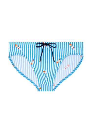 Front cutout view of HO blue/white stripes  Swim Mini Briefs
