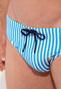 Close-up view of a men model wearing HO blue/white stripes  Swim Mini Briefs