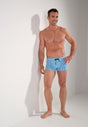 Full-body view of a men model wearing HO blue/white stripes  Swim Shorts