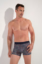 Front view of a men model wearing HO navy print modal/viscose/tencel Boxer Briefs