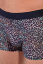 Close-up view of a men model wearing HO navy print modal/viscose/tencel Boxer Briefs