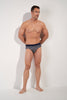 Full-body view of a men model wearing HO navy print modal/viscose/tencel Mini Briefs