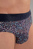 Close-up view of a men model wearing HO navy print modal/viscose/tencel Mini Briefs