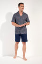 Full-body view of a men model wearing HO navy print cotton Short Sleepwear