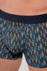 Close-up view of a men model wearing HO blue print modal/viscose/tencel Boxer Briefs HO1