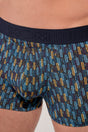 Close-up view of a men model wearing HO blue print modal/viscose/tencel Boxer Briefs HO1