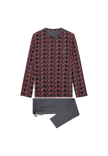 Front cutout view of HO red print cotton Long Sleepwear
